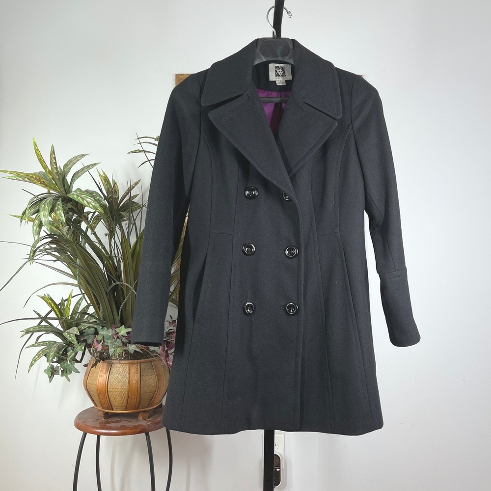 Anne Klein Pea Coat Women M Black Wool Blend Double Breasted Mid Length Jacket